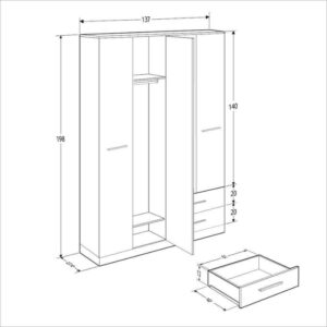 Ντουλάπα ρούχων Base Megapap τετράφυλλη με συρτάρια χρώμα λευκό - sonoma 137x52x198εκ.