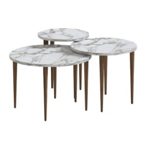 Τραπεζάκι σαλονιού σετ 3 τμχ Nola Megapap χρώμα λευκό εφέ μαρμάρου Ø60x46εκ.