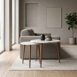 Τραπεζάκι σαλονιού σετ 2 τμχ Nola Megapap χρώμα λευκό εφέ μαρμάρου Ø60x46εκ.