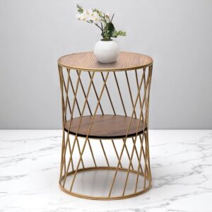 Τραπεζάκι βοηθητικό Jaspin Megapap μεταλλικό - Mdf χρώμα χρυσό - καρυδί 32x32x44εκ.