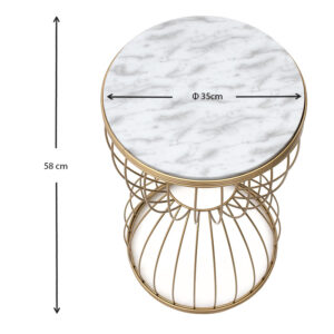 Τραπεζάκι βοηθητικό Pino Megapap μεταλλικό - Mdf χρώμα χρυσό - λευκό εφέ μαρμάρου 35x35x58εκ.