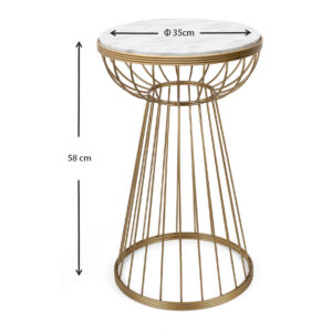 Τραπεζάκι βοηθητικό Mantare Megapap μεταλλικό - Mdf χρώμα χρυσό - λευκό εφέ μαρμάρου 35x35x58εκ.