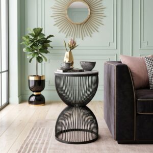 Τραπεζάκι βοηθητικό Stella Megapap μεταλλικό - Mdf χρώμα μαύρο - λευκό εφέ μαρμάρου Ø34,5x56,5εκ.