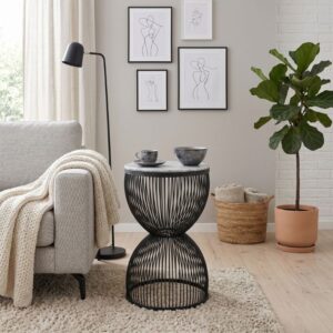 Τραπεζάκι βοηθητικό Stella Megapap μεταλλικό - Mdf χρώμα μαύρο - λευκό εφέ μαρμάρου Ø34,5x56,5εκ.