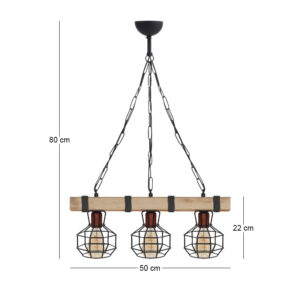 Φωτιστικό οροφής Lumenia Megapap E27 ξύλινο - μεταλλικό τρίφωτο χρώμα φυσικό - μαύρο 50x14x80εκ.
