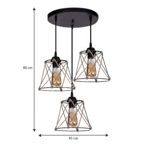 Φωτιστικό οροφής Cesa Megapap E27 μεταλλικό - σχοινί τρίφωτο χρώμα μαύρο 45x40x70εκ.