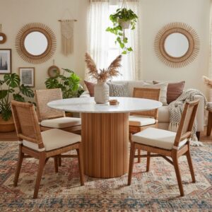 Τραπέζι Borno Megapap χρώμα φυσικό - λευκό εφέ μαρμάρου Ø120x78 εκ.