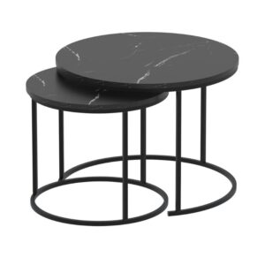Τραπεζάκι σαλονιού σετ 2 τμχ Hilal Megapap χρώμα μαύρο εφέ μαρμάρου Ø66x49,5εκ.