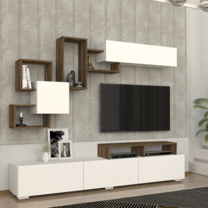 Σύνθεση τηλεόρασης Stamatia Megapap χρώμα λευκό - καρυδί 210x36,8x46,8εκ.