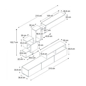 Σύνθεση τηλεόρασης Stamatia Megapap χρώμα λευκό - καρυδί 210x36,8x46,8εκ.