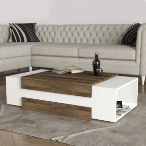 Τραπεζάκι σαλονιού Nora Megapap χρώμα λευκό - καρυδί 110x60,6x31εκ.