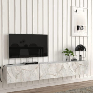 Έπιπλο τηλεόρασης επιτοίχιο Damla Megapap με LED χρώμα λευκό εφέ μαρμάρου 180x29,5x29,5εκ.