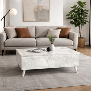Τραπεζάκι σαλονιού Roy Megapap με σερβιτόρο χρώμα λευκό εφέ μαρμάρου 121x69x40εκ.