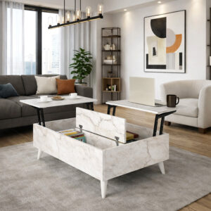 Τραπεζάκι σαλονιού Roy Megapap με σερβιτόρο χρώμα λευκό εφέ μαρμάρου 121x69x40εκ.