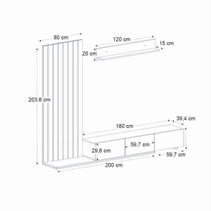 Σύνθεση τηλεόρασης Nagini Megapap χρώμα ivory - sapphire oak - ανθρακί 260x39,4x203,6εκ.