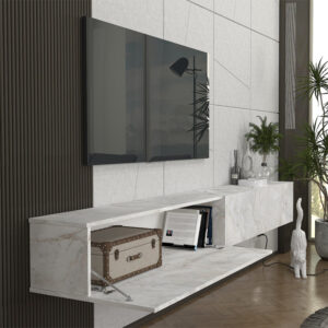 Έπιπλο τηλεόρασης επιτοίχιο Espanse Megapap χρώμα λευκό εφέ μαρμάρου 241,8x31,7x30εκ.