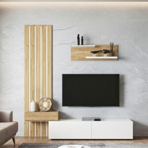 Σύνθεση τηλεόρασης Rosaline Megapap χρώμα λευκό - sepet oak 183x31,3x196,9εκ.
