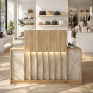 Γραφείο υποδοχής - reception Davis Megapap με LED χρώμα sepet oak - travertine 150x41,8x115εκ.