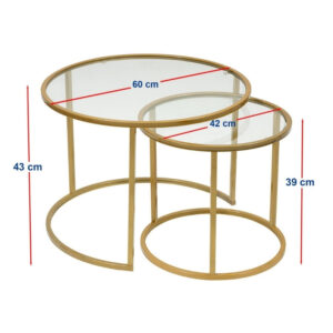 Τραπεζάκι σαλονιού σετ 2 τμχ Vetro Megapap μέταλλο - γυαλί χρώμα χρυσό Ø60x43εκ.