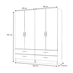 Ντουλάπα ρούχων Ricardo Megapap τετράφυλλη με συρτάρια χρώμα λευκό 160x51,8x181εκ.