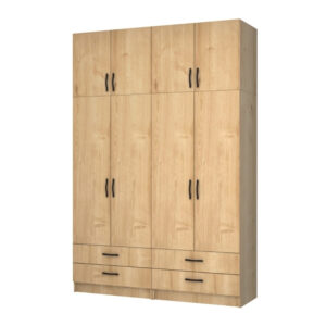 Ντουλάπα ρούχων Ricardo Megapap τετράφυλλη με πατάρι και συρτάρια χρώμα φυσικό οξιάς 160x51,8x240εκ.