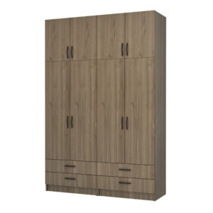 Ντουλάπα ρούχων Ricardo Megapap τετράφυλλη με πατάρι και συρτάρια χρώμα καρυδί 160x51,8x240εκ.