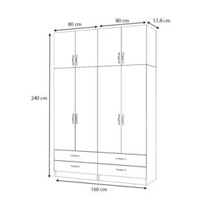 Ντουλάπα ρούχων Ricardo Megapap τετράφυλλη με πατάρι και συρτάρια χρώμα καρυδί 160x51,8x240εκ.