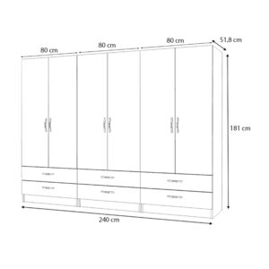 Ντουλάπα ρούχων Ricardo Megapap εξάφυλλη με συρτάρια χρώμα λευκό 240x51,8x181εκ.