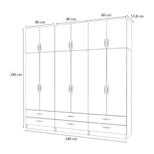 Ντουλάπα ρούχων Ricardo Megapap εξάφυλλη με πατάρι και συρτάρια χρώμα φυσικό οξιάς 240x51,8x240εκ.