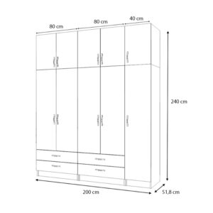 Ντουλάπα ρούχων Ricardo Megapap πεντάφυλλη με πατάρι και συρτάρια χρώμα καρυδί 200x51,8x240εκ.