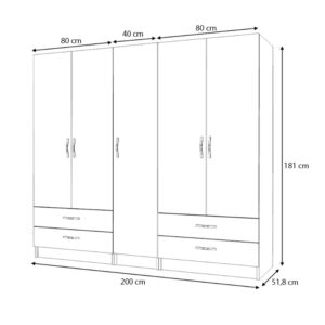 Ντουλάπα ρούχων Ricardo Megapap πεντάφυλλη με συρτάρια χρώμα καρυδί 200x51,8x181εκ.