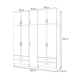 Ντουλάπα ρούχων Ricardo Megapap πεντάφυλλη με πατάρι και συρτάρια χρώμα καρυδί 200x51,8x240εκ.