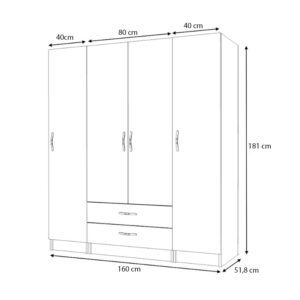 Ντουλάπα ρούχων Ricardo Megapap τετράφυλλη με συρτάρια χρώμα φυσικό οξιάς 160x51,8x181εκ.