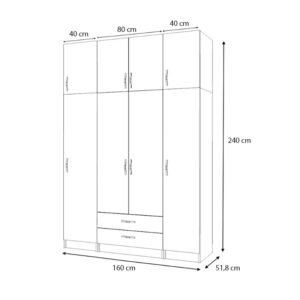 Ντουλάπα ρούχων Ricardo Megapap τετράφυλλη με πατάρι και συρτάρια χρώμα λευκό 160x51,8x240εκ.