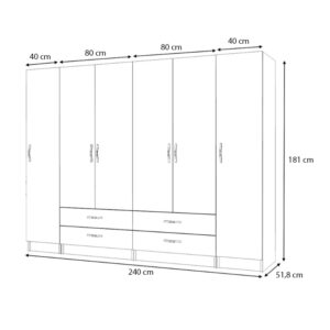 Ντουλάπα ρούχων Ricardo Megapap εξάφυλλη με συρτάρια χρώμα λευκό 240x51,8x181εκ.