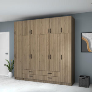 Ντουλάπα ρούχων Ricardo Megapap εξάφυλλη με πατάρι και συρτάρια χρώμα καρυδί 240x51,8x240εκ.