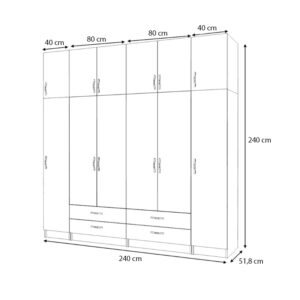 Ντουλάπα ρούχων Ricardo Megapap εξάφυλλη με πατάρι και συρτάρια χρώμα καρυδί 240x51,8x240εκ.