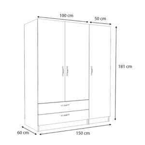 Ντουλάπα ρούχων Victoria Megapap τρίφυλλη με συρτάρια χρώμα φυσικό οξιάς 150x60x181εκ.