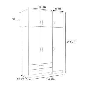 Ντουλάπα ρούχων Victoria Megapap τρίφυλλη με πατάρι και συρτάρια χρώμα λευκό 150x60x240εκ.