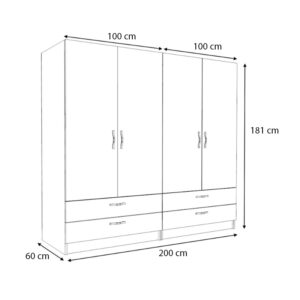 Ντουλάπα ρούχων Victoria Megapap τετράφυλλη με συρτάρια χρώμα φυσικό οξιάς 200x60x181εκ.