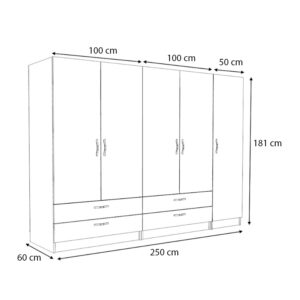 Ντουλάπα ρούχων Victoria Megapap πεντάφυλλη με συρτάρια χρώμα καρυδί 250x60x181εκ.