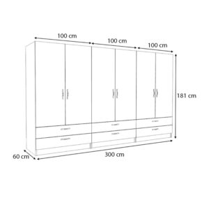 Ντουλάπα ρούχων Victoria Megapap εξάφυλλη με συρτάρια χρώμα καρυδί 300x60x181εκ.