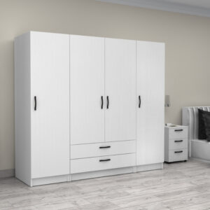 Ντουλάπα ρούχων Victoria Megapap τετράφυλλη με συρτάρια χρώμα λευκό 200x60x181εκ.