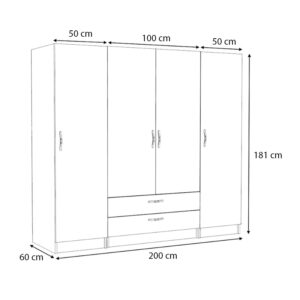 Ντουλάπα ρούχων Victoria Megapap τετράφυλλη με συρτάρια χρώμα φυσικό οξιάς 200x60x181εκ.