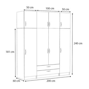 Ντουλάπα ρούχων Victoria Megapap τετράφυλλη με πατάρι και συρτάρια χρώμα καρυδί 200x60x240εκ.