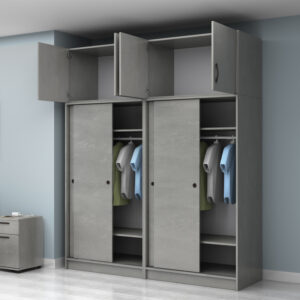 Ντουλάπα ρούχων Regio Megapap τετράφυλλη συρόμενη με πατάρι χρώμα γκρι σκυροδέματος 200x60x240εκ.