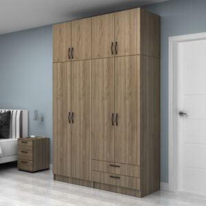 Ντουλάπα ρούχων Vivian Megapap τετράφυλλη με πατάρι και συρτάρια χρώμα καρυδί 160x51,8x240εκ.