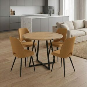 Σετ τραπεζαρία 5τμχ Rubes - Christy Megapap χρώμα φυσικό οξιάς - μουσταρδί Ø100x78εκ.