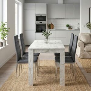 Σετ τραπεζαρία 5τμχ Darlen - Rosa Megapap χρώμα λευκό εφέ μαρμάρου - γκρι/χρωμίου πόδι 125x72x74εκ.